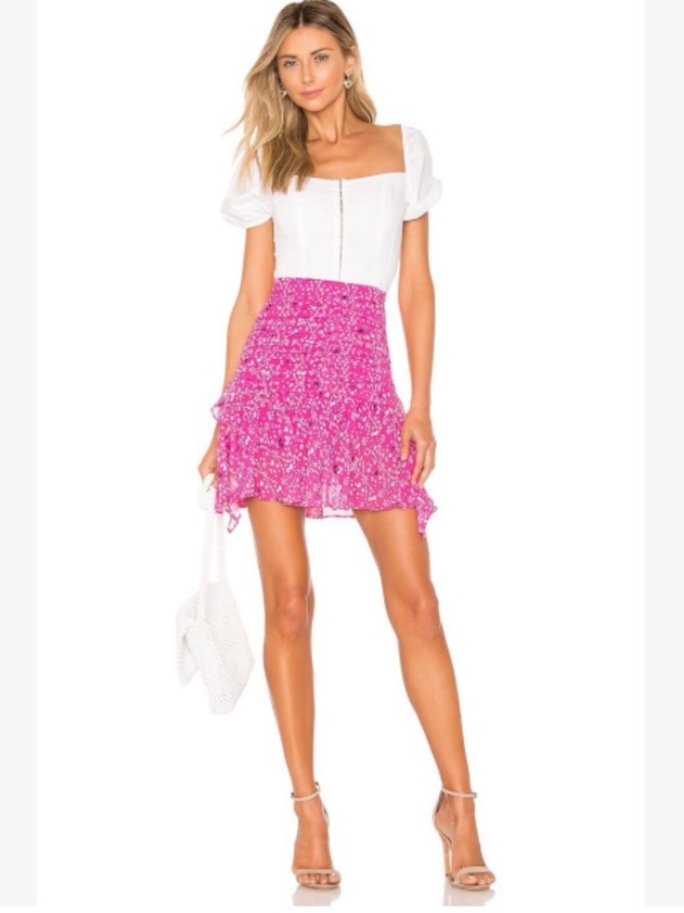 Tanya Taylor Abby Skirt Pink 100% Silk Ruched Ruffle Floral Mini Skirt Size 16